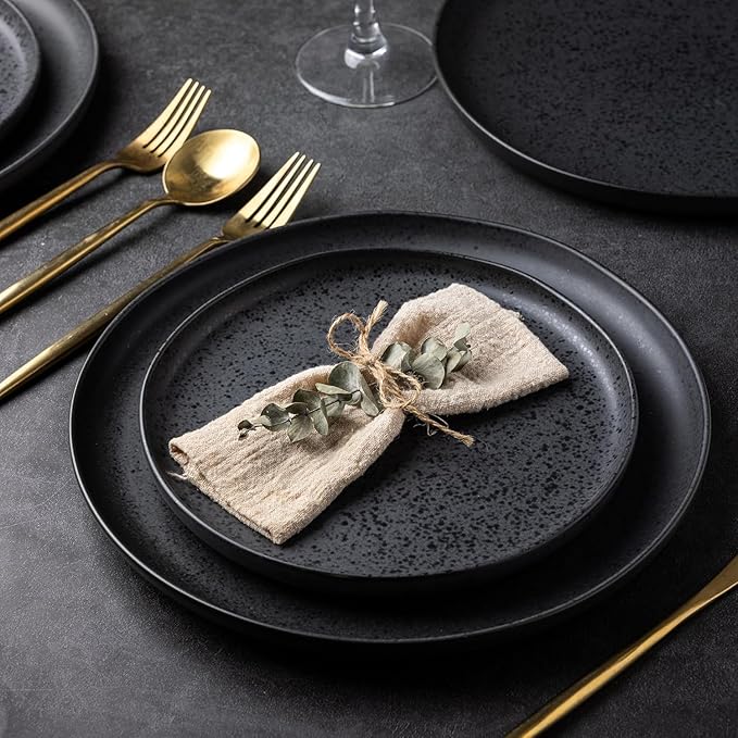 AmorArc Ceramic Dinnerware Sets, Wavy Rim Stoneware Plates and Bowls Sets, Highly Chip and Crack Resistant | Dishwasher & Microwave Dishes set, Service for 4 (12pc)-Speckled Matte Black