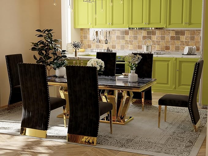 AUZ Black and Gold Dining Chairs Set of 4, Black Velvet Dining Room Chair with Nailhead Trim and Gold Polished Metal Legs, Luxury High Back Dining Chairs
