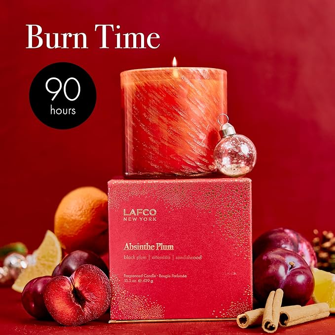 LAFCO New York Holiday Signature Candle, Absinthe Plum - 15.5 oz - 90-Hour Burn Time - Reusable, Hand Blown Glass Vessel - Made in The USA