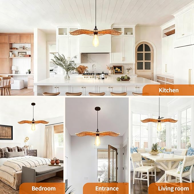 15''Natural Rattan Chandelier Pendant Light-Farmhouse Boho Rattan Pendant Lights with Included E27 Bulb, 120V Wicker Pendant Lights for Dining Room Kitchen Island Bedroom Living Room