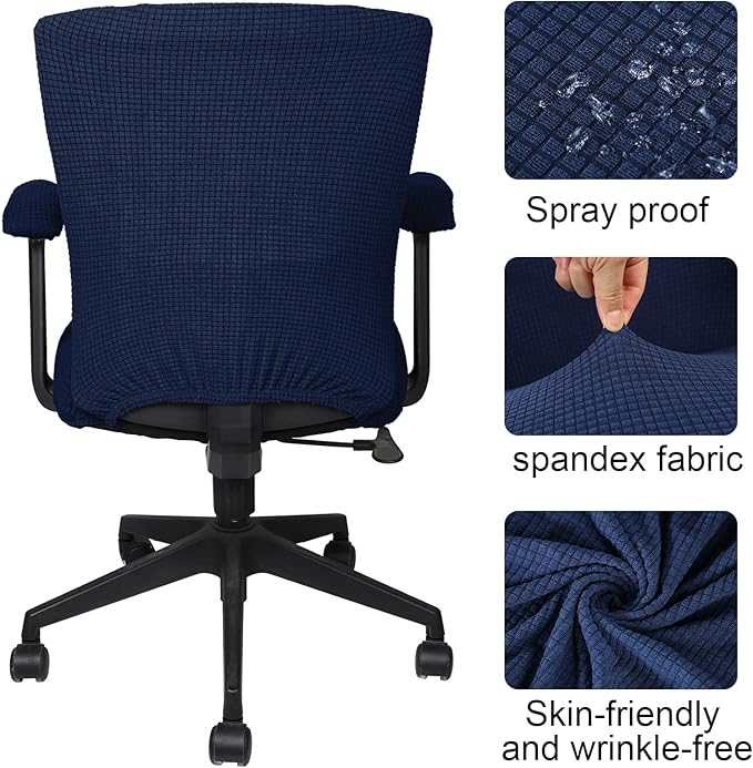 Tallew 4 Pcs Office Chair Covers Set Computer Universal Protective Stretchable Chair Seat Covers Desk Armrest Slipcovers Pads Office Cushion Backrest for Rotating (XL,Navy)
