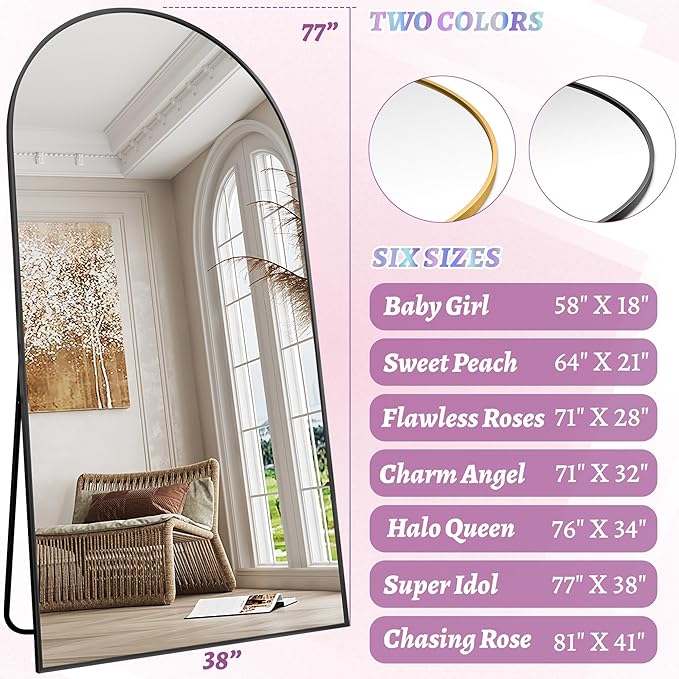 Full Length Mirror, 78"x38" Arched Floor Mirror Freestanding, Floor Standing Full Body Mirror with Stand for Bedroom, Hanging Mounted for Living Room Cloakroom, Black