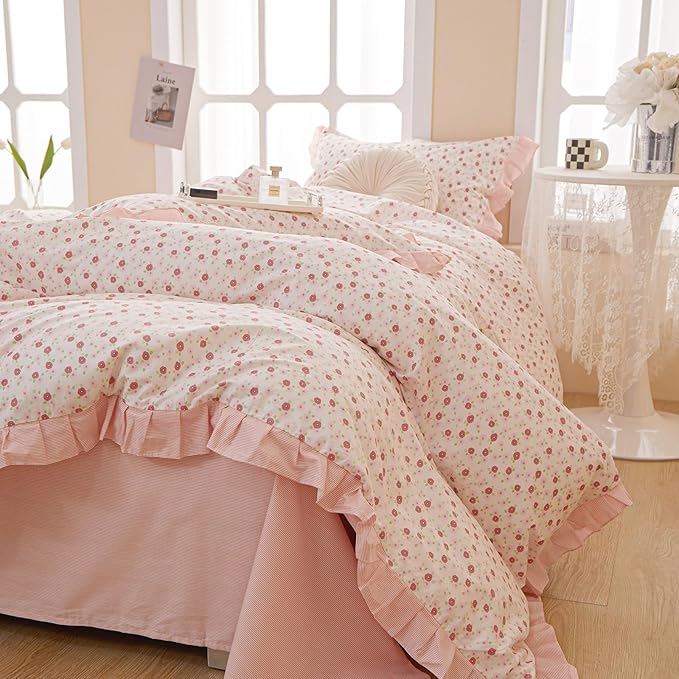 EAVD French Style Garden Pink Floral Comforter Set Full Girls Fluffy Soft Microfiber Chic Shabby Floral Bedding Set with 2 Pillowcases Fresh Ruffled Botanical Comforter Set for All-Season