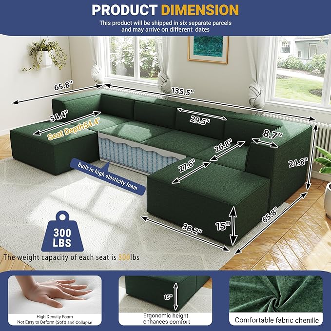 136" 6-Piece Sectional Sofa Modular Couches,L-U-Shaped with Chaise,for Living Room,Compressed Foam No Assembly,for Living Room (2xArmless Corner Ottoman) Fabric Chenille Green