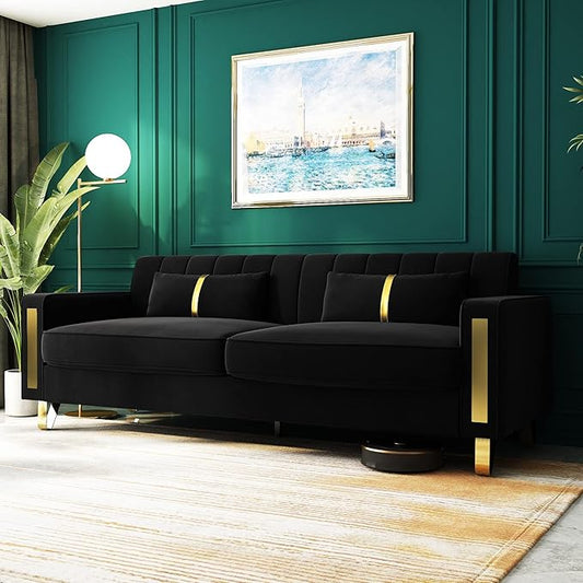 Couch 85.62" 3 Seats Sectional Velvet Fabric Sofa Easy Assemble Sofa Bed with 2 Couch Pillows,Gold Metal Legs for Living Room (P17, Black)