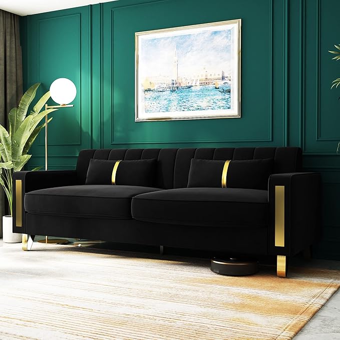 Couch 85.62" 3 Seats Sectional Velvet Fabric Sofa Easy Assemble Sofa Bed with 2 Couch Pillows,Gold Metal Legs for Living Room (P17, Black（3+1）)