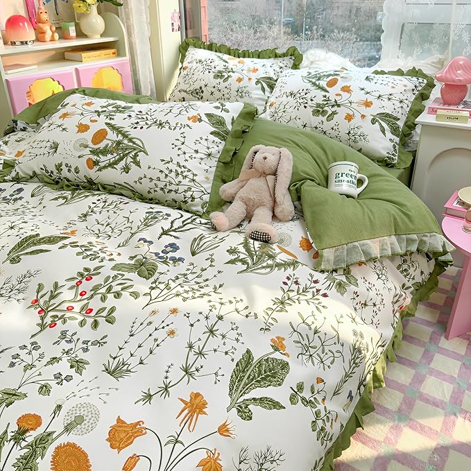 Vintage Green Floral Duvet Cover King 100% Cotton Ruffle Duvet Cover Aesthetic Flower Comforter Cover Green Ruffle Bedding Cottagecore Comforter Cover Boho Farmhouse Duvet Cover with Zipper Closure