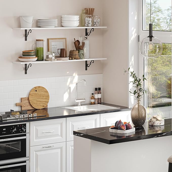 DINZI LVJ Long Wall Shelves, 55.1" Large Floating Shelves Set of 2, Farmhouse Display Shelf Wall Mounted with Heavy Duty Brackets, Easy Assembly for Kitchen, Bathroom, Bedroom, Balcony, White