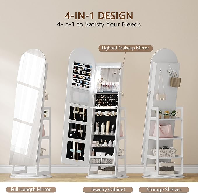 HWB LED Mirror Jewelry Cabinet, 360° Swivel Jewelry Organizer Standing, Arched Wide Full-Length Mirror with Storage Shelves, Interior Mirror, Gift Jewelry Armoire for Lady Girls