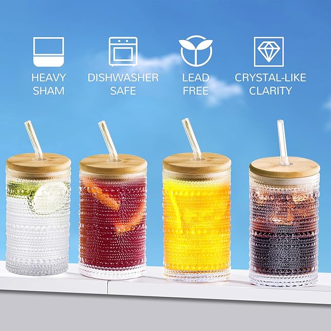 Hobnail Drinking Glasses with Bamboo Lids and Glass Straw 4Pcs Set - 14oz Vintage Glass Cups, Water Glasses, Iced Coffee Glasses, Cute Tumbler Cup, Ideal for Cocktail, Whiskey, Gift - Cleaning Brushes