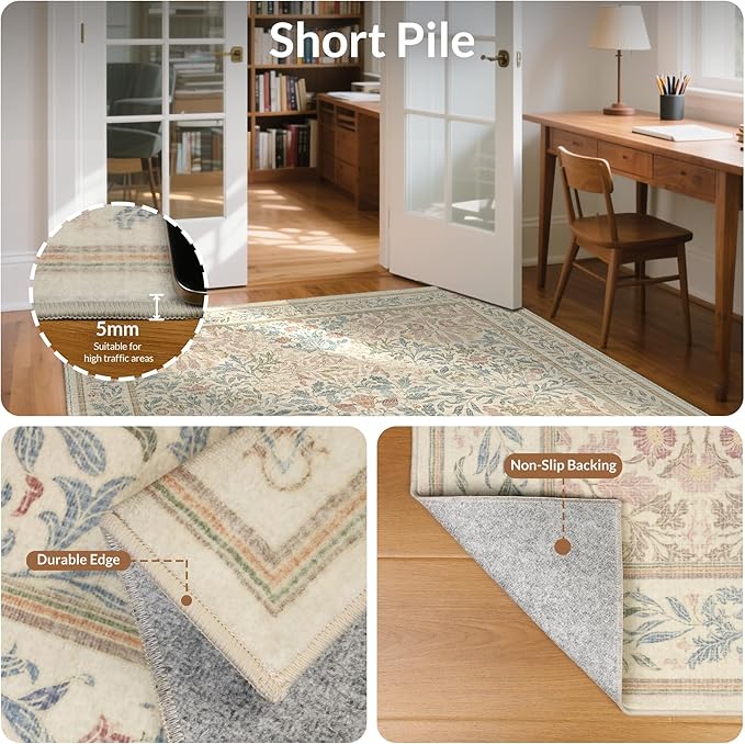 GENIMO Floral Washable Runner Rug 2’6”x8’, Non-Slip Long Hallway Carpet for Entryway, Kitchen, Indoor Floor Use, Vintage Boho Soft Thin Rug Décor, Beige Pink