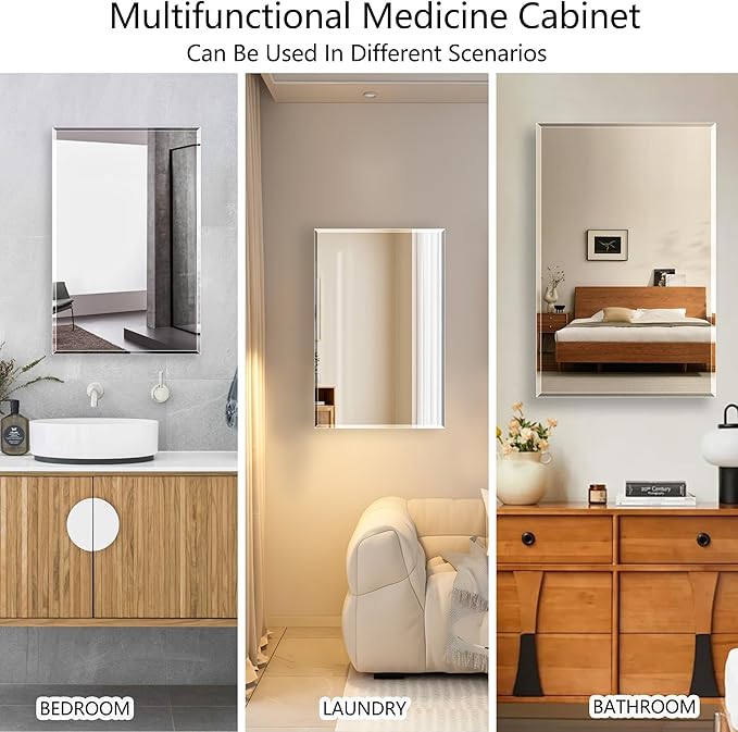 Bathroom Medicine Cabinet with 16x20 in Rectangular Beveled Frameless Mirror,Wall Mounted Mirror Cabinet for Bathroom Toilet Kitchen,Recess or Surface Mount
