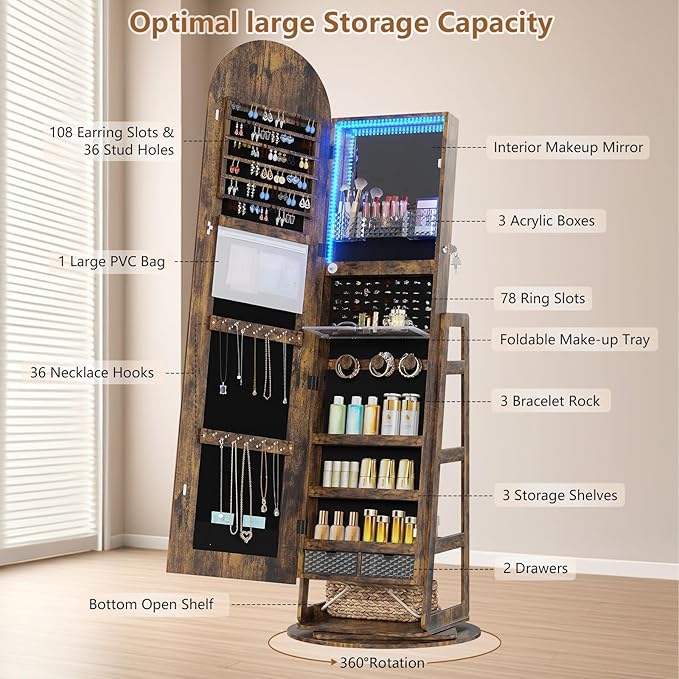 HWB LED Mirror Jewelry Cabinet, 360° Swivel Jewelry Organizer Standing, Arched Wide Full-Length Mirror with Storage Shelves, Interior Mirror, Wood Jewelry Armoire for Lady Girls, Brown