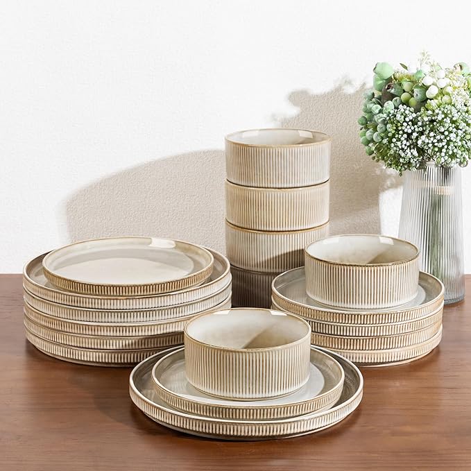 GBHOME Stoneware Dinnerware Sets for 8,Round Reactive Glaze Ceramic Plates and Bowls Set,Highly Scratch Resistant| Dishwasher & Microwave Safe Dishes Set,Service for 8(24pc)，Cappuccino