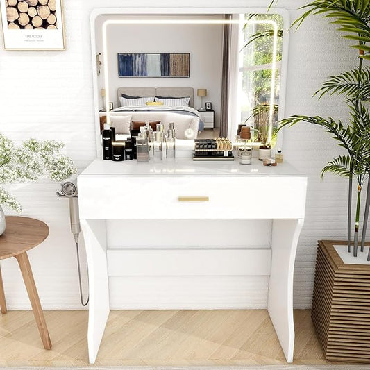 Vanity Desk, Makeup Vanity with LED Light Mirror, Small White Vanity with a Super Large Drawer and Power Outlet, 3 Color Lighting Modes Makeup Table for Bedroom, Dressing Room (White1)