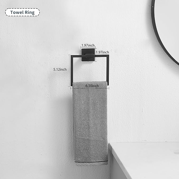 GGStudy Matte Black Square Towel Ring Hand Towel Holder for Bathroom Solid SUS 304 Stainless Steel, Kitchen Bath Towel Holder Hangers Heavy Duty Storage Round Wall Mount
