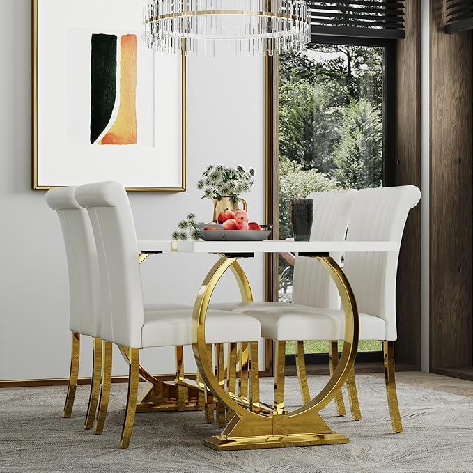 ACEDÉCOR 60" White and Gold Dining Table for 4-6, Modern Rectangular Lacquer Top and Polished Stainless Steel U Shaped Base