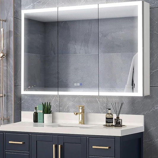 GroGro LED Lighted Bathroom Medicine Cabinet with Mirror,48" W x 30" H Medicine Cabinet with Lights,Surface or Recessed Mounting,Defog,Dimming,3-Color Temperature Adjustment