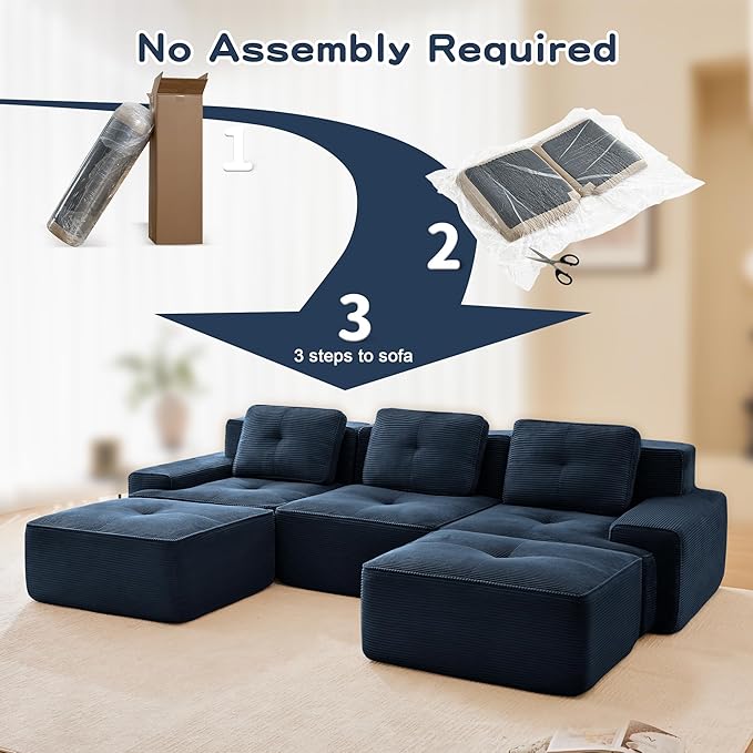 115.3'' Sectional Sofa, 32D Foam Corduroy Boneless Couch with Pillow, Deep Seat Wide Arm Sectional U Shaped Couch for Living Room, Apartment, Bedroom