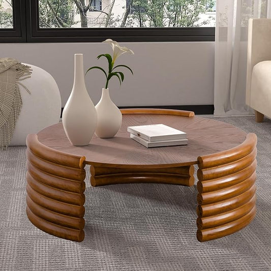 36" Round Coffee Table for Living Room Mid Century Modern Vintage Circle Coffee Table Center Tables Fluted Accent Tea Tables for Apartment Living Room
