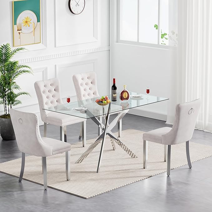 Goujxcy Glass Dining Table Set for 4, Modern Kitchen Table and Chairs Set of 4, 5-Piece Kitchen Dining Room Table Set w/51 Glass Metal Dining Table and 4 Beige Velvet Upholstered Chairs, Silver/Beige