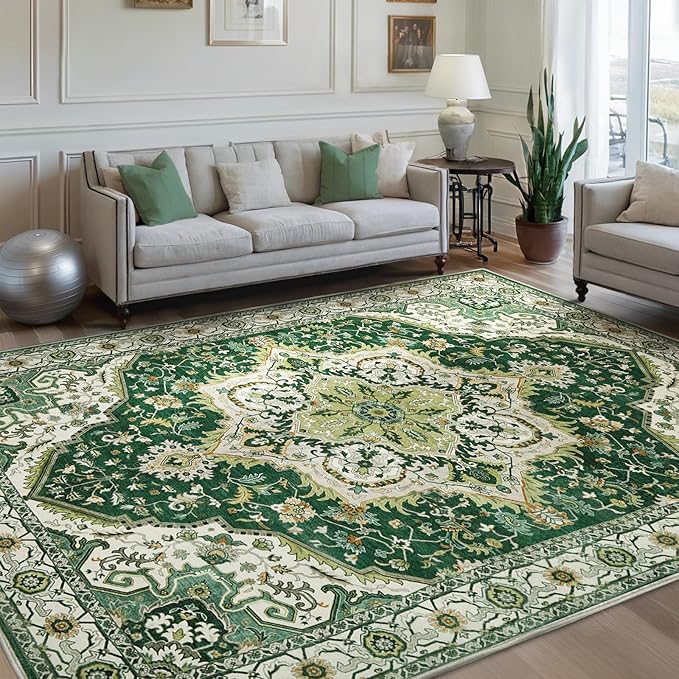 Area Rugs for Living Room 8x10 - Large Machine Washable Vintage Oriental Soft Rugs, Low Pile Thin Floor Carpet with Non Slip Backing for Bedroom, Dorm, Under Dining Room Table, Indoor House, Office