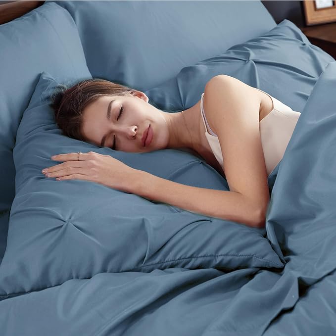 Bedsure King Size Comforter Set Mineral Blue - Bed in a Bag Bedding Set 7 Pieces, GentleSoft™ Pintuck Bed Set Gift for Family, Pinch Pleat Mineral Blue Comforter with Sheets, Pillowcases & Shams