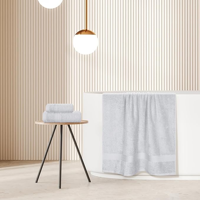 BOUTIQUO Ultra Soft 3 Pack Cotton Towel Set, Contains a Bath Towels 27x54 inch, a Hand Towels 16x24 inch & a Wash Coths 12x12 inch, Ideal Everyday use, Compact & Lightweight - Light Grey