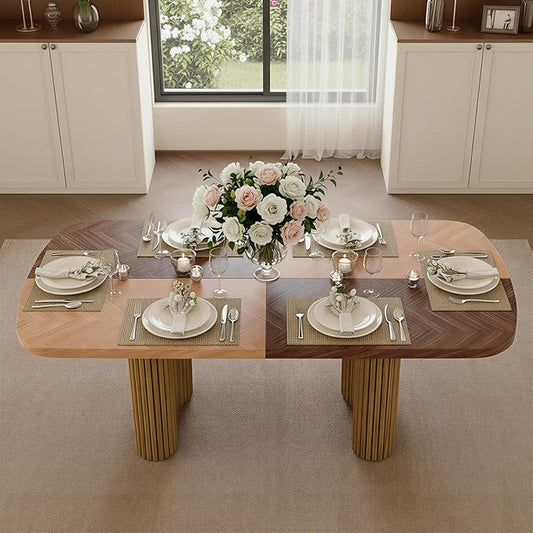 79" Large Wood Dining Table for 6–10, Rectangular Dining Room Table with Sculpted Wave Legs, 1.7" Thick Two-Color Wood-Grain Top, Modern Farmhouse Dining Table for Kitchen, Living Room