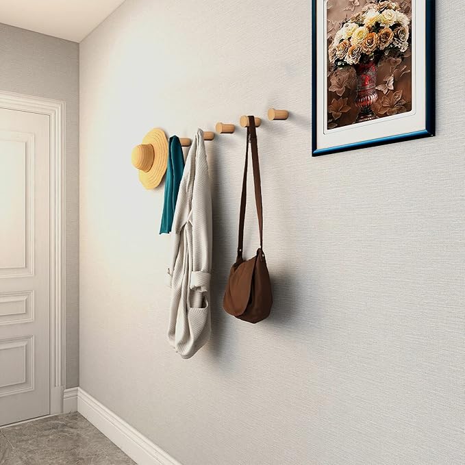 Wood Wall Hooks 6 Pack, Natural Wooden Coat Hooks Wall Mounted, Handmade Rustic Hat Hooks Heavy Duty Entryway Wall Hangers for Hanging Towels, Clothes, Bags (Beech Wood)