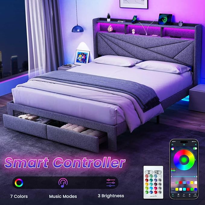 LED Queen Bed Frame with 2 Storage Drawers, Upholstered Bed Frame Queen Size with Headboard and Charging Station, No Box Spring Needed, Easy to Assembly-Light Grey