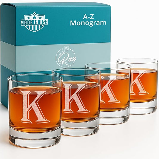 On The Rox Drinks (K-Monogram)- 4 Piece Set of 11 Ounce Engraved Heavy Base Rocks Whiskey Glasses Elegant Glass-Bourbon Multi-Purpose Beverage-Rocks Glass- Gift for any Occasion