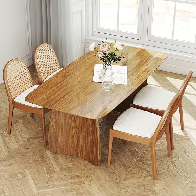 LukeAlon Modern Sherpa Dining Chairs Set of 4, Natural Woven Rattan Cane Back Side Chairs with Solid Wood Legs Mid Century Dinner Chairs for Kitchen Living Room, White