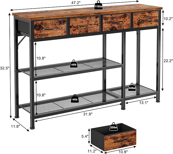Furnulem Entryway Table 47'' Sofa Console Table with 4 Fabric Drawers, Industrial Entry Way Shoe Rack with Metal Mesh Shelf for Front Door, Foyer Wooden Top, Sturdy Metal Frame, Rustic Brown