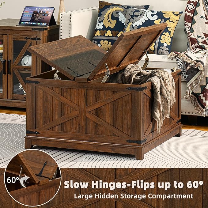 Farmhouse Coffee Table Sets 3 Pieces, Narrow Night Stand with Glass Barn Door Storage, Large Coffee Tables with Hidden Storage Organizer, Wood Furniture Sets for Living Room, Office, Brown