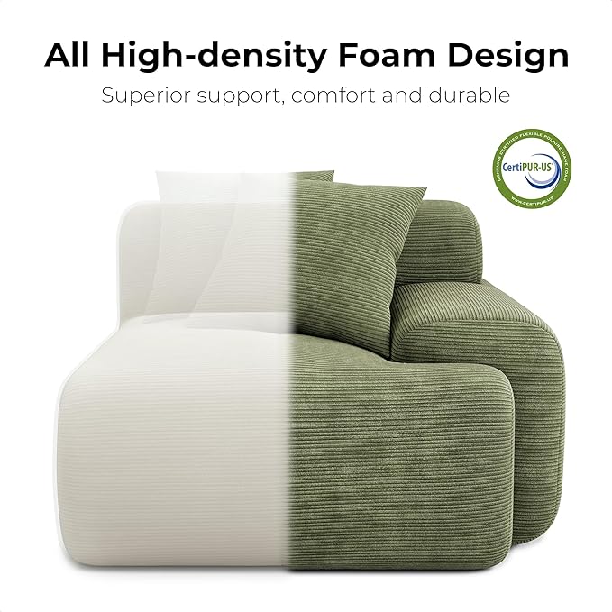 LIKIMIO 118" Modern L-Shaped Modular Sectional Sofa for Living Room, Corduroy Upholstery Green, Oversized 3-Seater Couch with Deep Seat and Movable Ottoman – No Assembly