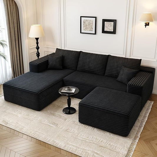 107.5" Cloud Modular Sectional Sofa with 1 Ottoman,Modern Minimalist Upholstered Couches, Comfort U Shaped Sofa for Living Room,Deep Seat Corner Couch，No Assembly Required (Black,Left Facing Chaise)