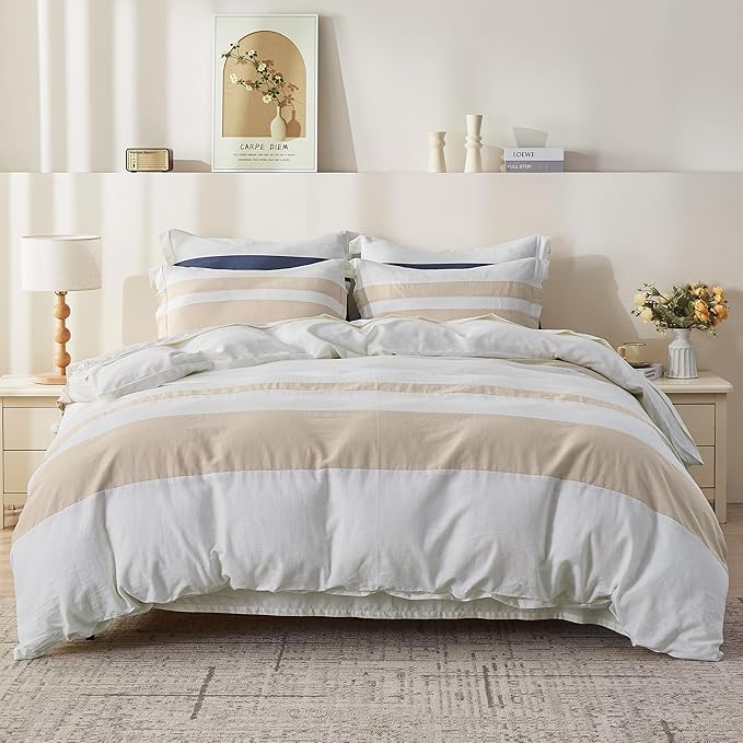 Simple&Opulence French Linen Duvet Cover Set with Stripe 88”x92”, 3 Pieces(1 Comforter Cover and 2 Pillow Shams) Rustic Natural Flax Cotton Blend(Queen,White and Linen)