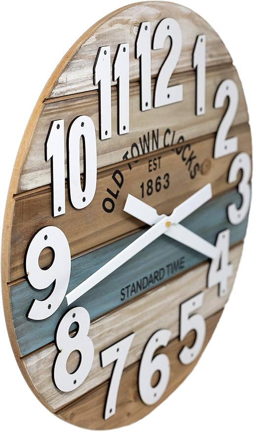 30" Wooden Multi-Color Maritime Coastal Beach Large Number Wall Clock (Blue, 30 inch)