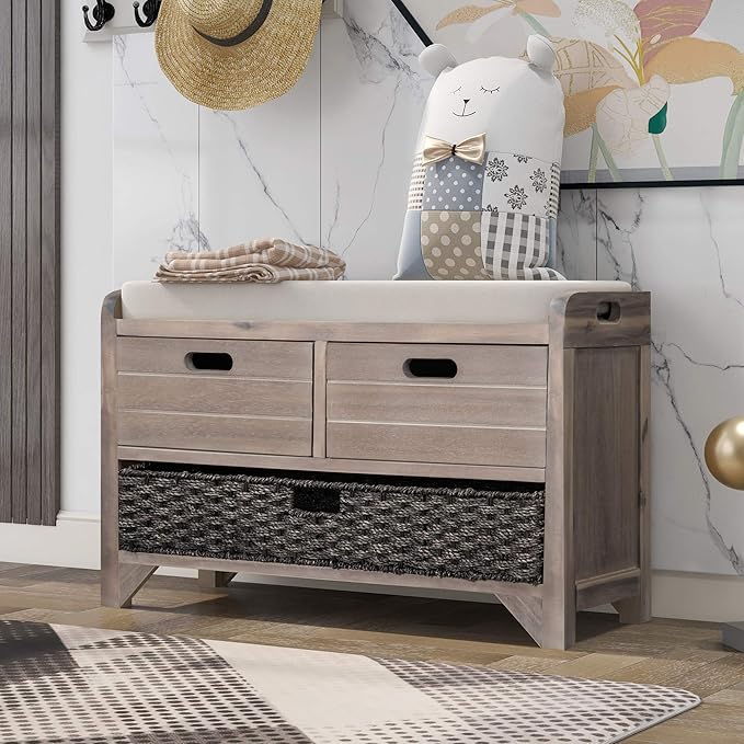 Fully Assembled Storage Bench with Cushioned Seat, 2 Drawers & Removable Basket, Solid Wood Entryway Shoe Bench for Bedroom, Hallway, Living Room (White Washed)