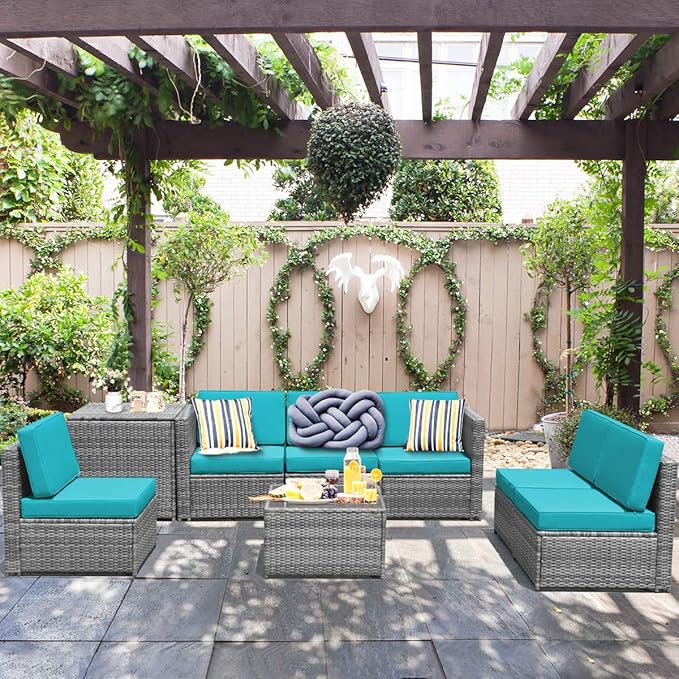 HAPPYGRILL 8-Pieces Patio Furniture Set Outdoor Rattan Conversation Set with Storage Box Sectional Wicker Sofa Set with Coffee Table and Cushions for Garden Backyard
