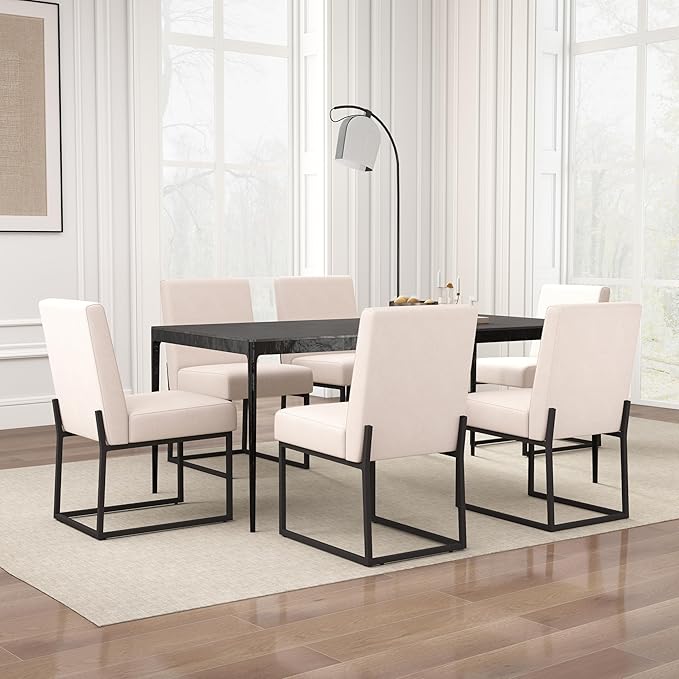 VKNOW Upholstered Dining Chairs Set of 6, Modern Dining Room Chairs, Linen Kitchen Chair Dinner Chair with Black Metal Base for Kitchen Office, Beige-Unstriped