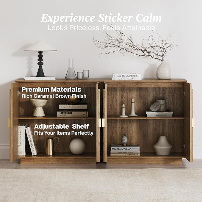 BELLEZE Set of 4 Modular Fluted Sideboard Buffet Cabinet with Storage, Mid-Century Modern Console Table with Symmetrical Arched Doors, Credenza for Dining Room, Kitchen and Living Room, Caramel Brown