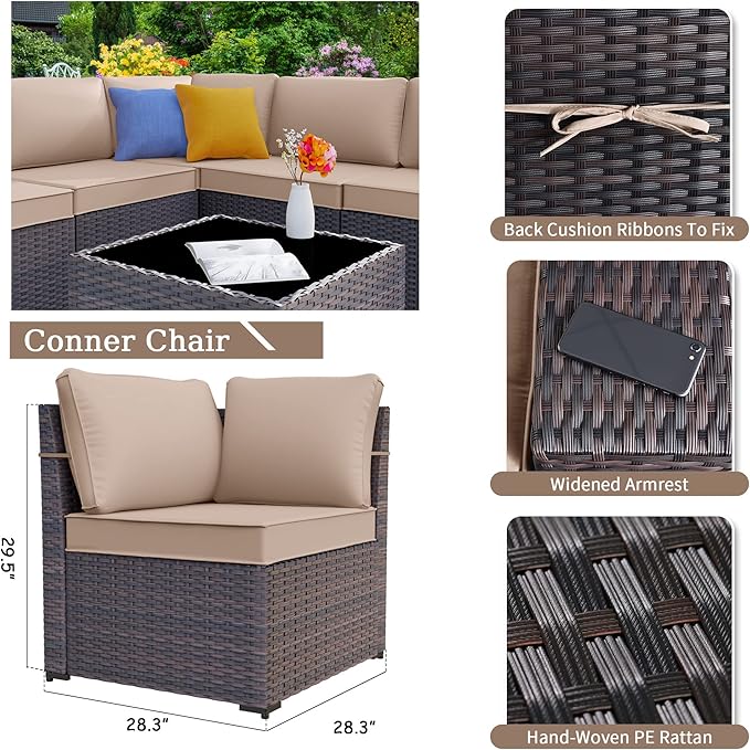 Kurapika 7 Pieces Patio Furniture Set, Rattan Wicker Outdoor Conversation Sets w/43in Propane Fire Pit Table and 4 Inch Cushion(Sand)