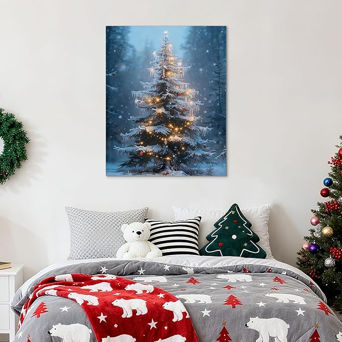Framed Christmas Pictures Wall Decor,Vintage Pine Tree Prints,Winter Christmas Canvas Wall Art Decoration for Bedroom Bathroom Living Room Rustic Xmas Holiday Gifts (Christmas Tree 15, 16'' X 20'')