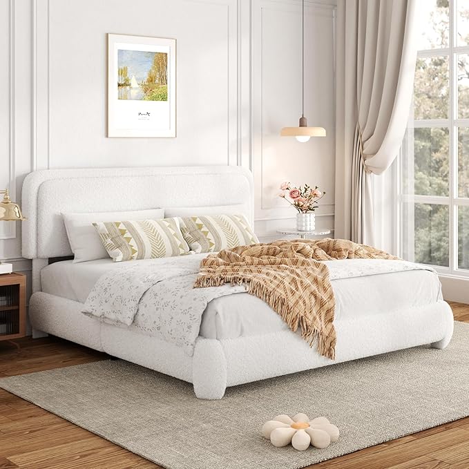 King Size Bed Frame with Headboard Adjustable, Boucle Upholstered Platform King Bed Frame, Anti-Collision Soft Rounded Corners, No Box Spring Needed, Noise-Free, Easy Assembly, White