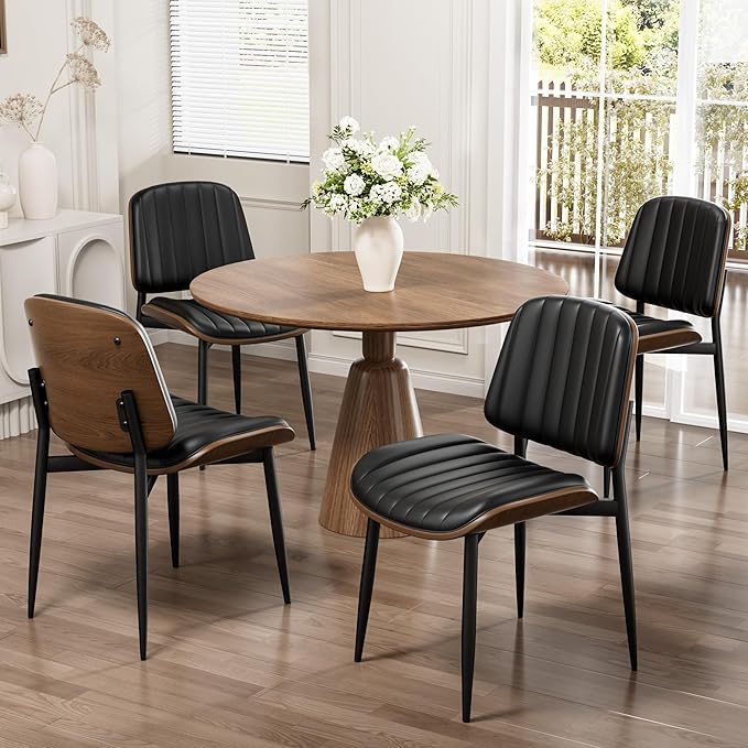 Dining Chairs Set of 4, Mid-Century Modern Upholstered PU Leather Chairs with Walnut Bentwood Back and Metal Legs Adjustable Feet for Kitchen Dining Living Room, Dark Black Vertical Stripes