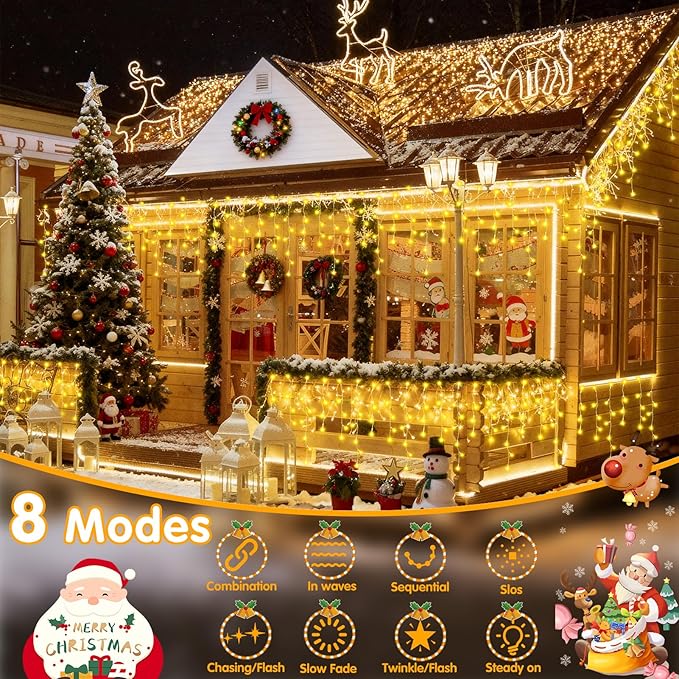 Hezbjiti Outdoor Christmas Lights, 400LED Ice Lights 33FT LED Fairy String Lights with 8 Modes and 75 Drops for Eaves, Party, Yard, Garden Decor（Warm White）