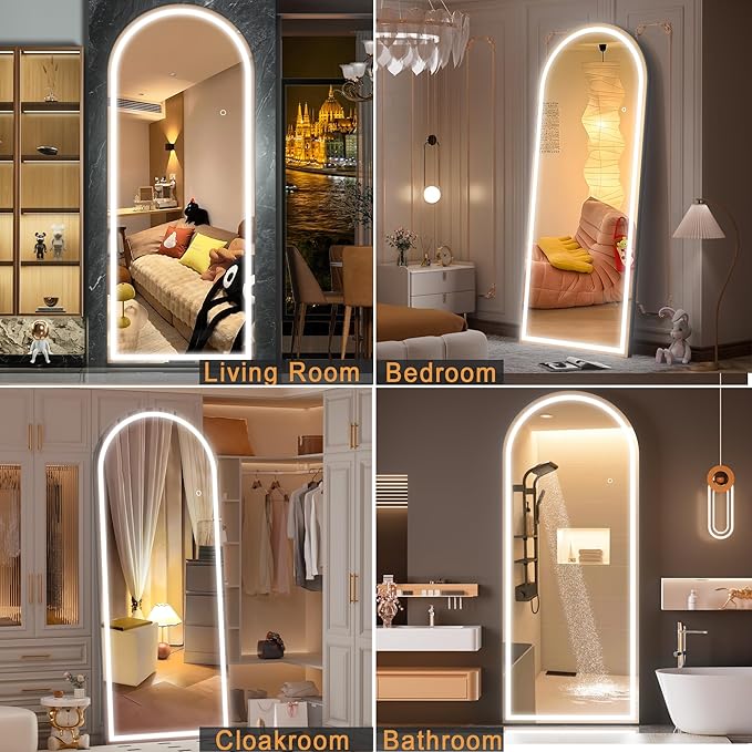 Hasipu 71" x 24" Led Mirror Full Length, Arch Mirror Full Length with Lights, Floor Full Body Glass with Stand,Tempered Glass,Shatter-Proof, Dimming & 3 Color for Bedroom Cloakroom-UL