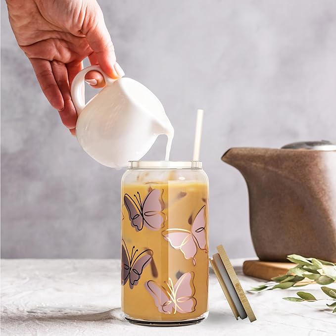 Butterfly 16 oz Mason Jar Cups | Bamboo Lids & Straws | Glass Cups for Iced Coffee, Boba & Smoothies